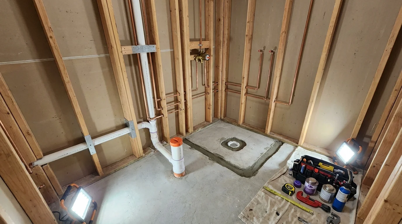 Bathroom rough-in plumbing during remodel by Johns Plumbing LLC in Ocean Springs