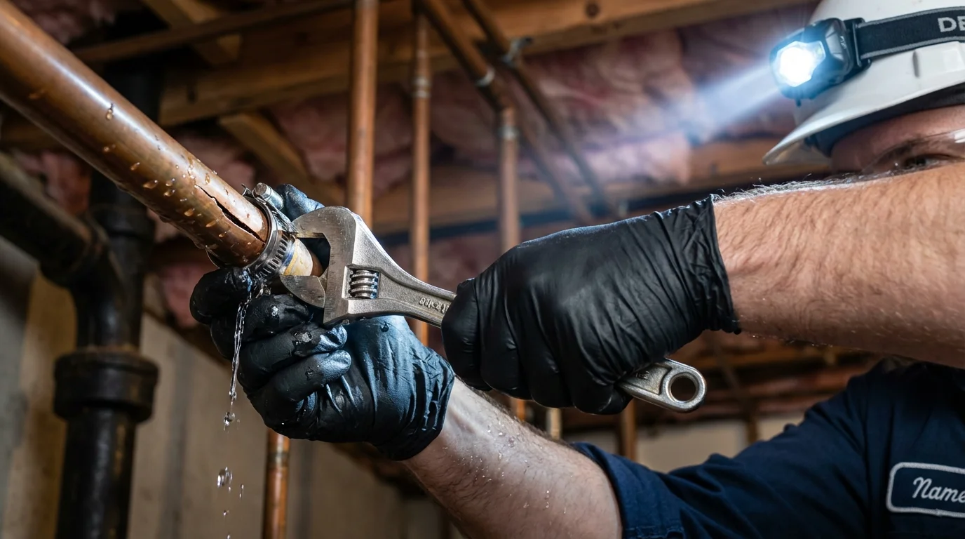 Emergency pipe clamp repair being performed by a Johns Plumbing LLC plumber in Ocean Springs