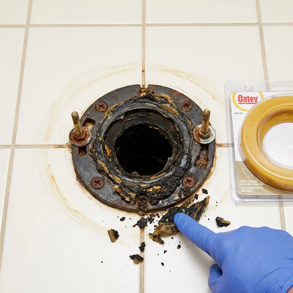 Failed wax ring showing water seepage at the base of a toilet in a Ocean Springs, MS home