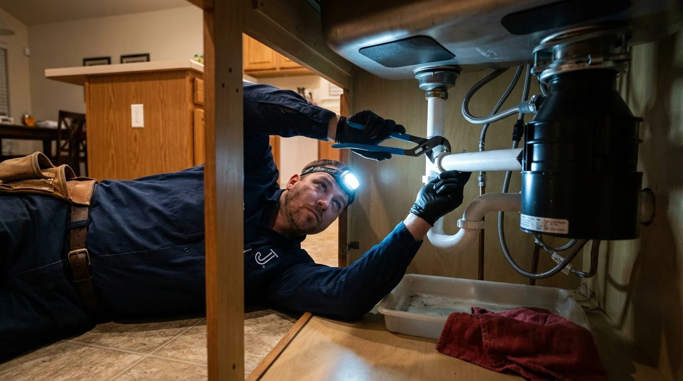 P-trap and supply line connections under a kitchen sink showing a common leak point in Ocean Springs, MS